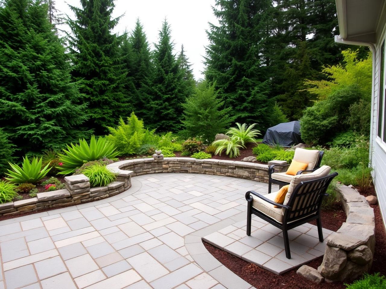 Paver patio surrounded by evergreens in a Lake Stevens, WA backyard